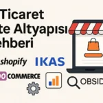 Shopify, İkas, Woocommerce Ve Obsidia Digital Platformlarını Temsil Eden Ikonlarla Desteklenmiş E-Ticaret Site Altyapısı Rehberi Kapak Görseli.