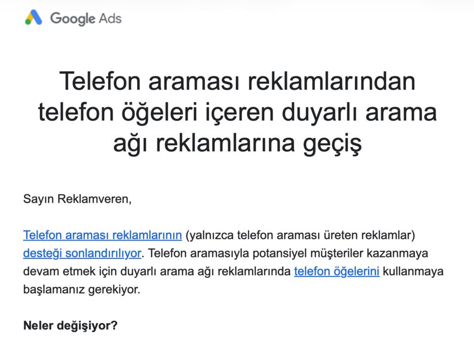 Google Rsa Reklamlarına Geçiş Ve Tıkla Ara Kampanyaları Bitiş Resmi Mail