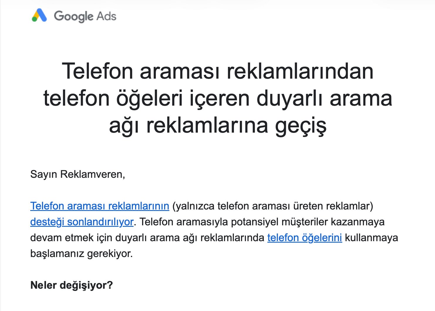 Google Rsa Reklamlarına Geçiş Ve Tıkla Ara Kampanyaları Bitiş Resmi Mail
